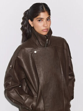 Retro Stand Collar Moto Leather Jacket Loose Studded Patchwork Short Coat